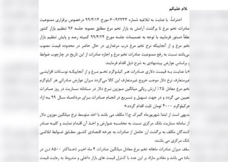 وضع تعرفه صادرات تخم مرغ